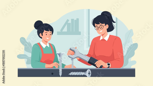 Two women work on a project using tools and screws