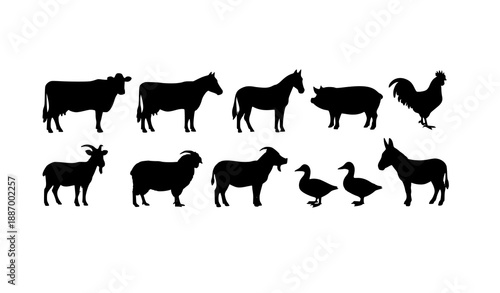 Farm Animal Silhouette Vector Set with Cow Pig Sheep Horse and Poultry Icons