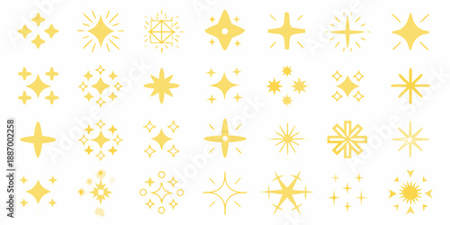 Collection of golden star shapes and sparkling light effects on white background