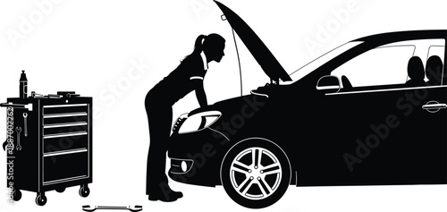 Silhouette of person inspecting car with open hood and tool chest, automotive repair and garage work theme illustration, transparent background graphic