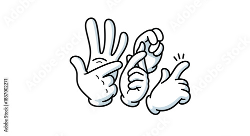 Three cartoon hands showing different gestures and emotions.