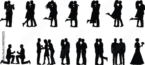 Romantic couple silhouette collection featuring love, proposals, weddings, and intimate poses for Valentine’s Day, relationship themes, and emotional connection design illustrations.