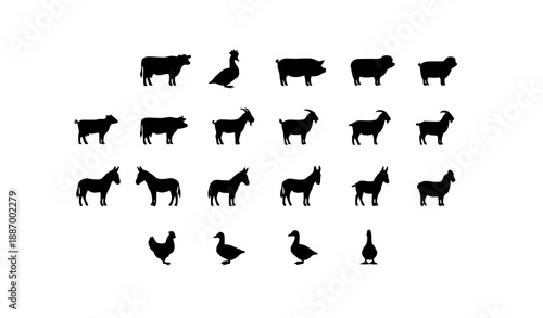Minimal Farm Animal Silhouette Icons Vector Set for Agriculture and Rural Design