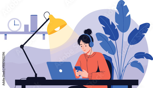 Young woman working late at home desk using laptop and smartphone with headphones under lamp light vector illustration