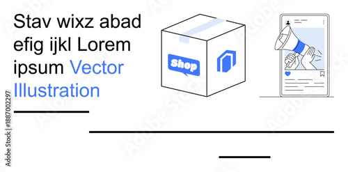 Online shopping, digital marketing, e-commerce promotion, social media ads, delivery services, branding. Delivery box with Shop signage and a smartphone a megaphone ad. E-commerce promotion