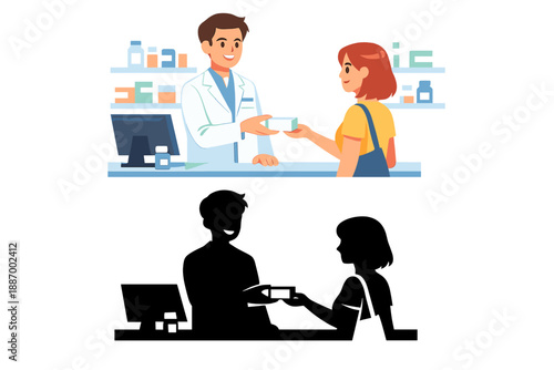 Doctor gives medicine to patient at pharmacy during daytime with shelves of products in background, and dark silhouette of another pharmacy interaction