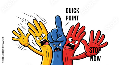 Three cartoon hands expressing frustration and urgency.