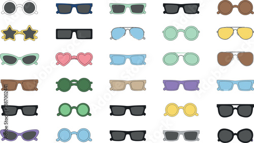  Colorful Sunglasses Icon Set with Various Shapes and Styles including Aviator, Round, Heart, Star, Cat Eye for Summer Fashion, Beach, Travel, and Lifestyle Designs