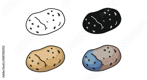 Four cartoon potatoes with different colors and shapes
