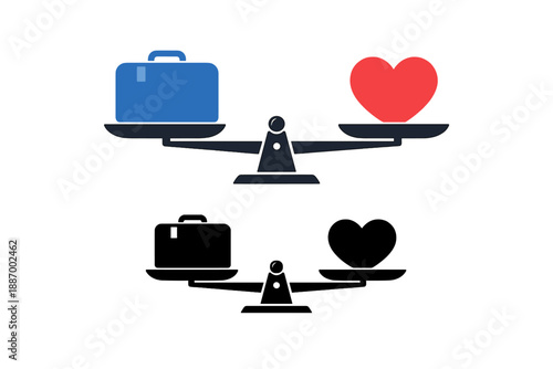 Balance between travel and love shown with suitcase and heart on a scale in two contrasting colors
