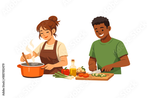 Cooking together in a kitchen with two people preparing a meal, one stirring a pot and the other chopping vegetables while enjoying the process