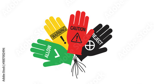 Colorful protective gloves with warning signs arranged in a fan shape.