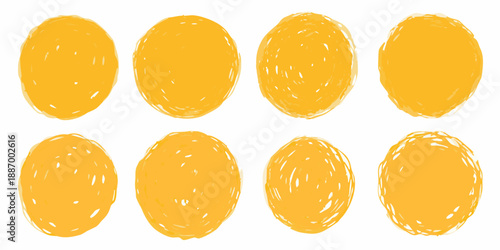 Eight roughly circular textured bright yellow shapes arranged in a grid pattern