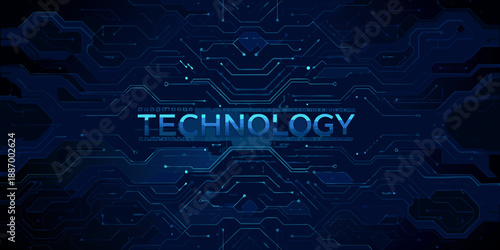 Abstract digital circuit board background with glowing blue lines and technology text