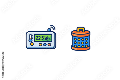 Device displays temperature and humidity levels while a container shows items and tools for storage in a simple setting