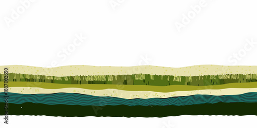 Layered landscape illustration showing forest water and sandy beach elements