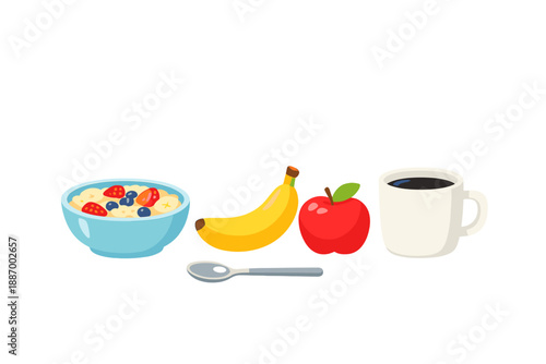 Breakfast with mixed fruits, coffee, and oatmeal on a white background in a simple kitchen setting during morning hours
