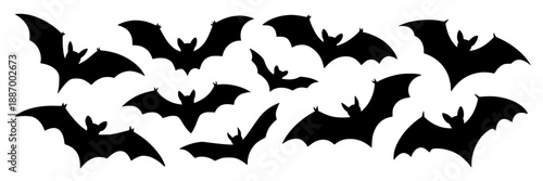 Flock of black bat silhouettes in various flying poses, ideal for Halloween decoration or spooky graphic design elements