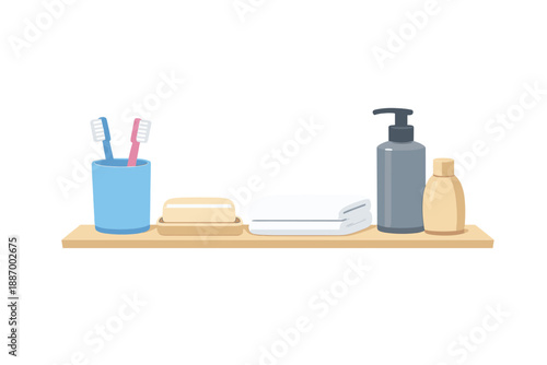 Bathroom shelf holds personal care items including toothbrushes, soap, towels, and lotion placed in a neat arrangement during daytime