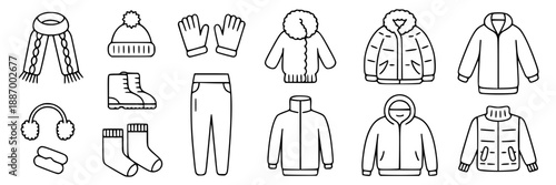 Set of outline icons for winter clothing and accessories, including scarves, hats, gloves, socks, boots, pants, and various jackets.