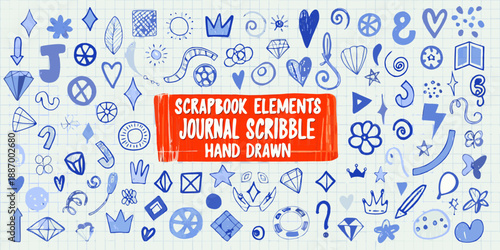 A colorful collection of hand drawn scrapbook elements and journal doodles on lined paper