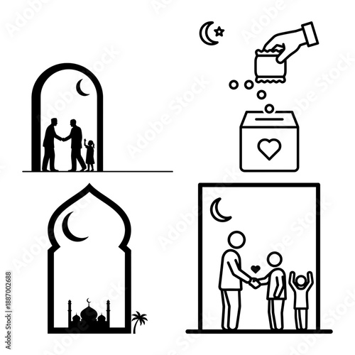 Eid ul Fitr charity and mosque badge icons with donation box family handshake and Islamic arch