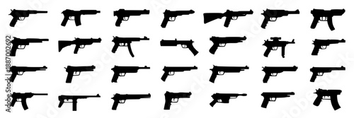 Collection of flat black silhouette handgun and submachine gun icons arranged in a grid on a white background, various firearm designs