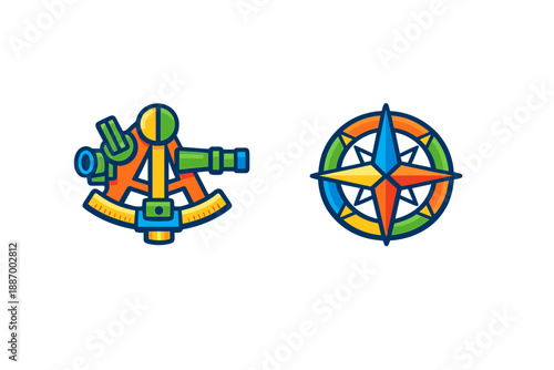 Tools for navigation and measurement used in exploration and scientific research displayed on a plain background during a learning session