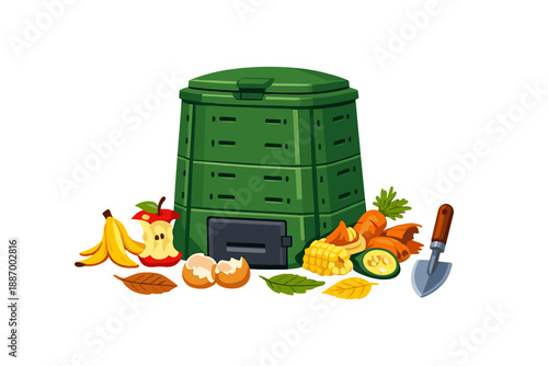 Composting with a green bin and organic waste in a backyard garden setting during daytime hours