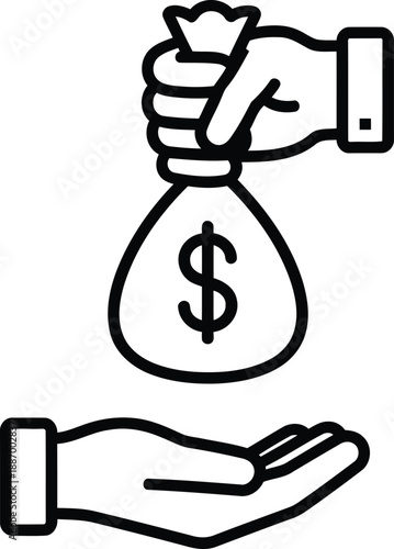 A stylized outline icon of one hand giving a money bag to another hand below