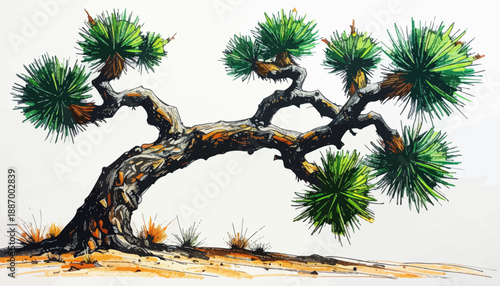 Gnarled desert tree hand-drawn illustration with vibrant spiky green foliage. Artistic sketch capturing the rugged beauty and resilience of an arid landscape