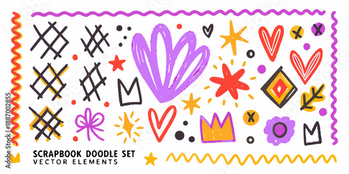 Colorful doodle illustrations and vector elements for creative scrapbook designs