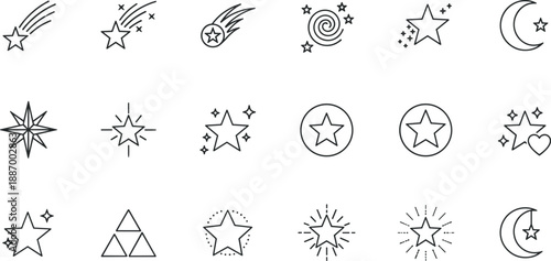  Star Icons Set with Shooting Stars, Sparkles, Burst Effects, Crescent Moon and Twinkling Stars for Night Sky, Magic, Astronomy and Celestial Designs