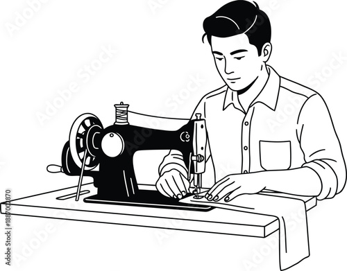 Skilled craftsman carefully operates a traditional sewing machine to produce handmade garments