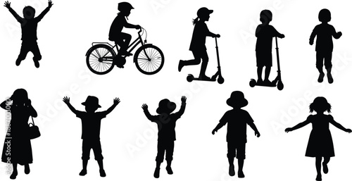 Black silhouettes of active children playing jumping riding a bicycle and a scooter for childhood fun and outdoor lifestyle concepts
