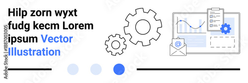 Gears, email envelope, task checklist, bar chart, and line graph symbolize productivity, planning, and collaboration. Ideal for workflow, analytics business growth teamwork marketing operations