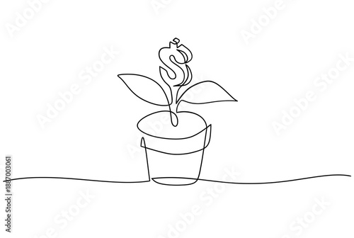 A delicate line drawing of a flower growing from a pot of money