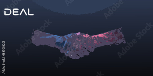 Abstract pixel art of hands shaking with the word deal above