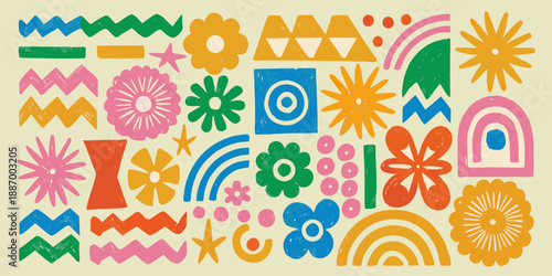 Colorful abstract shapes and floral designs arranged in a playful repeating pattern