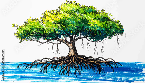Vibrant hand-drawn illustration of a resilient mangrove tree with intricate roots submerged in sparkling blue water, symbolizing the enduring vitality and balance of natural ecosystems
