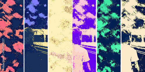 Abstract vertical bands of color and blurred figures in a modern artwork