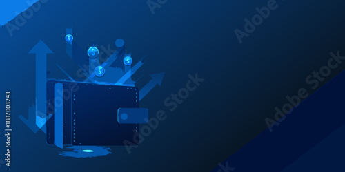 Digital wallet with coins rising upwards symbolizing growth and financial success