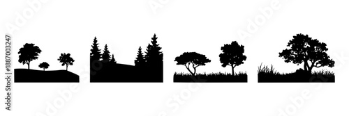 Collection of black silhouette landscape sections showing diverse trees and grassy terrain in flat design style, graphic resources