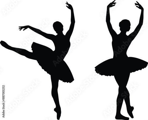 Silhouettes of two ballet dancers in elegant poses with tutus for classical dance, motion, posture, and vector design content