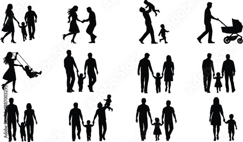 Silhouette set of happy family activities with parents and children walking, playing, holding hands, pushing stroller, representing love, parenting, childhood, togetherness