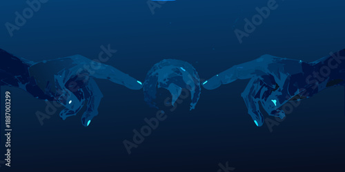 Creation of adam inspired hands reaching towards each other in blue