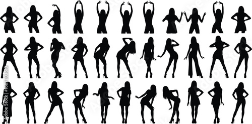 Stylized female silhouette collection showcasing diverse standing and posing gestures for fashion design, posture reference, visual art, and creative illustration projects.