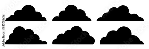 Eight black silhouette cloud shapes arranged in a tight cluster on a plain white background, depicted as separate icon elements in a flat vector style.