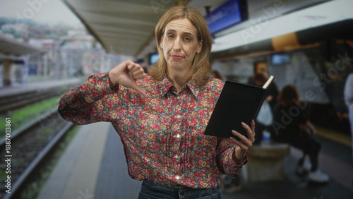 Fotografie Woman reading black notebook on a train platform in a building, then makes a thumbs down gesture showing displeasure; disappointment commute delay