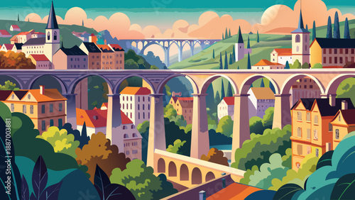 Very beautiful view of the Passerelle Bridge viaduct in Luxembourg, showcasing elegant stone arches spanning the valley and connecting historic city quarters with architectural grace.